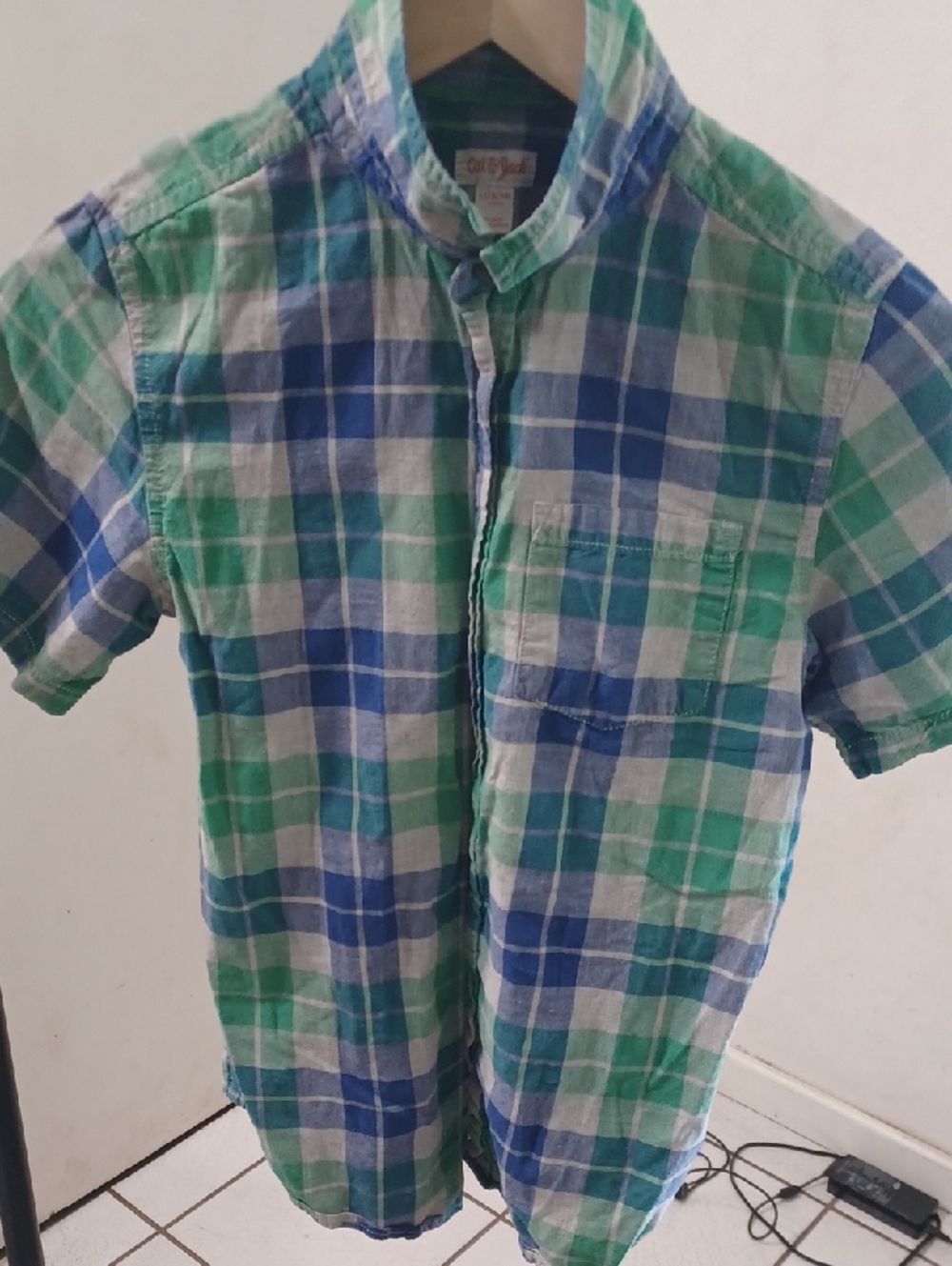 Cat & Jack Green and Blue Plaid Short-Sleeve Button-Up Shirt